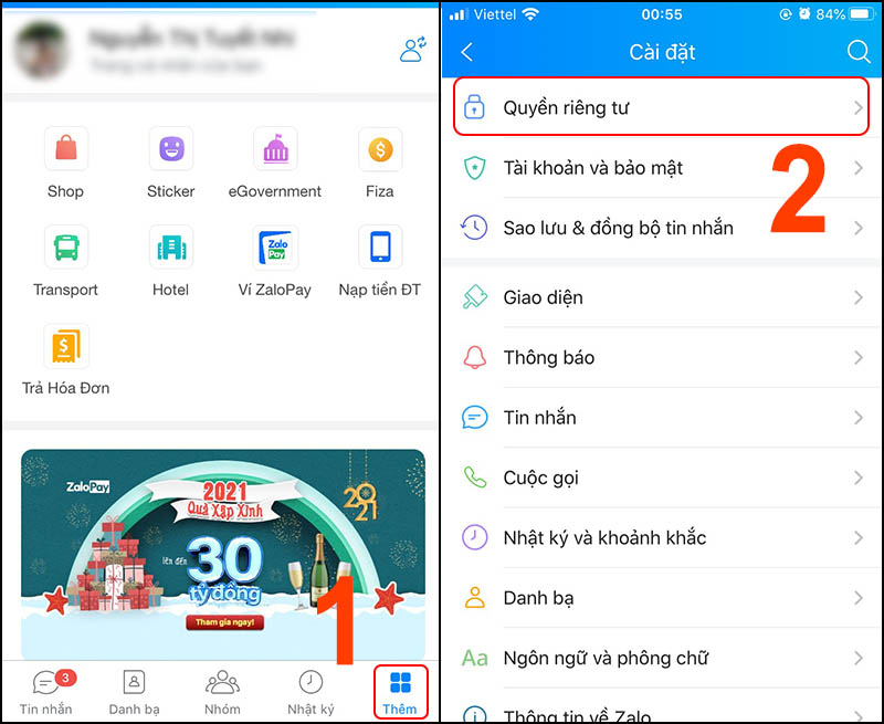 Chọn mục Thêm trên thanh điều hướng dưới màn hình > Chọn Quyền riêng tư.